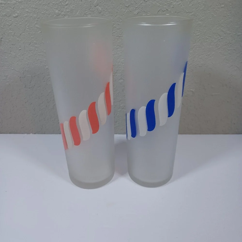 2‎ Libbey Frosted Tom Collins Glasses Blue Red Candy Stripes 12 OZS
